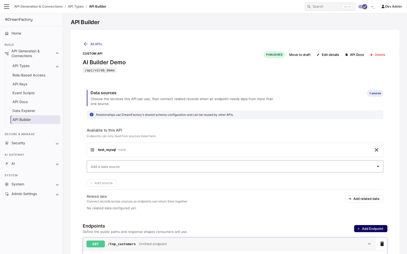 API detail page showing data sources and endpoints