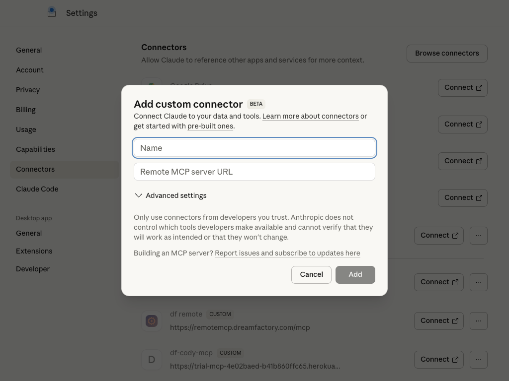 Add custom connector dialog with Name and Remote MCP server URL fields