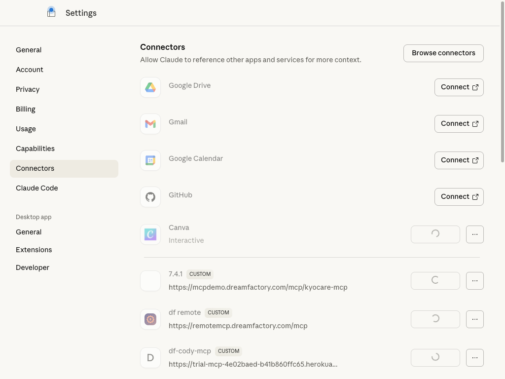 Claude Desktop Connectors page showing built-in connectors like Google Drive, Gmail, Google Calendar, and GitHub, along with custom MCP connectors at the bottom