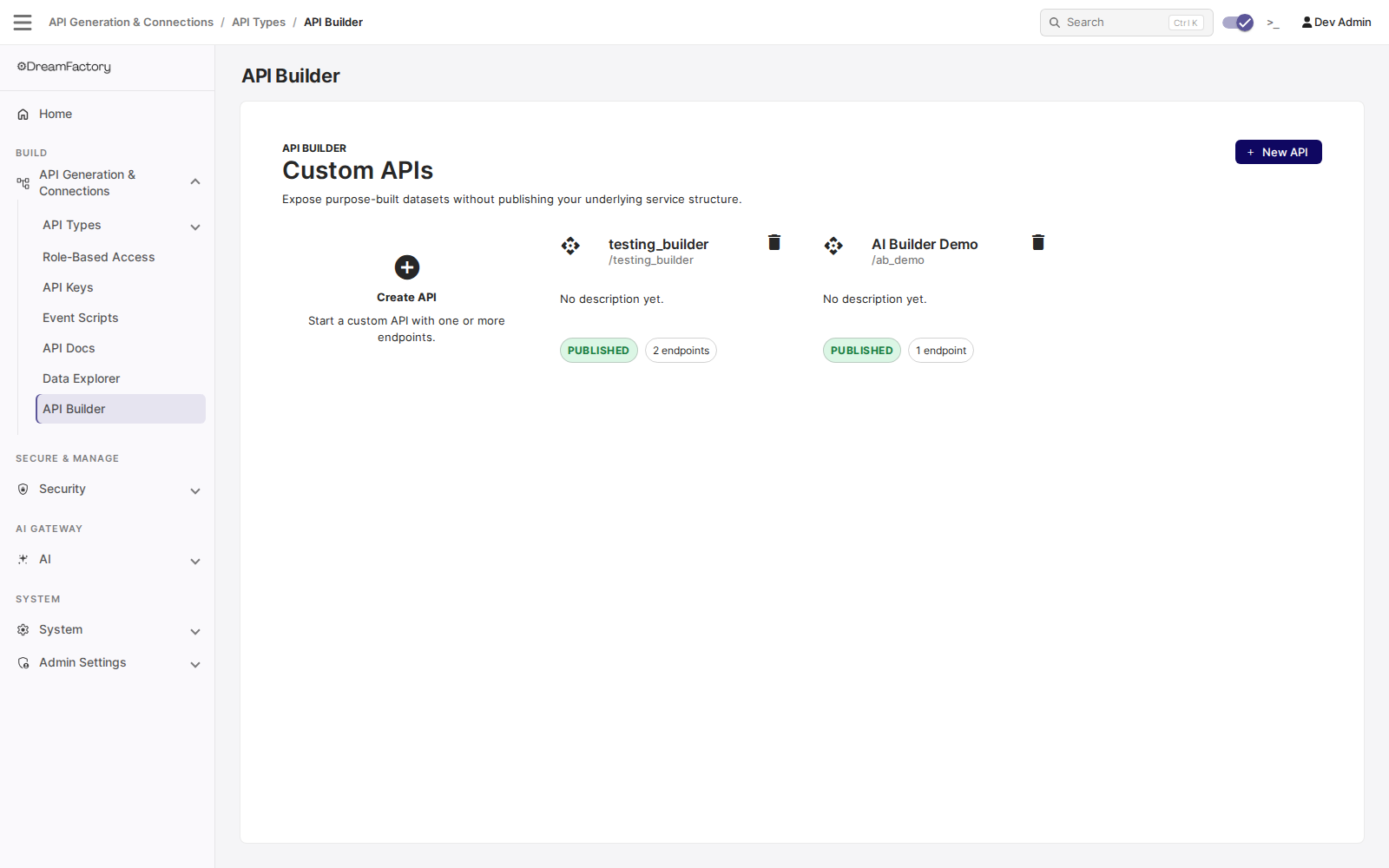 The Custom APIs list in API Builder