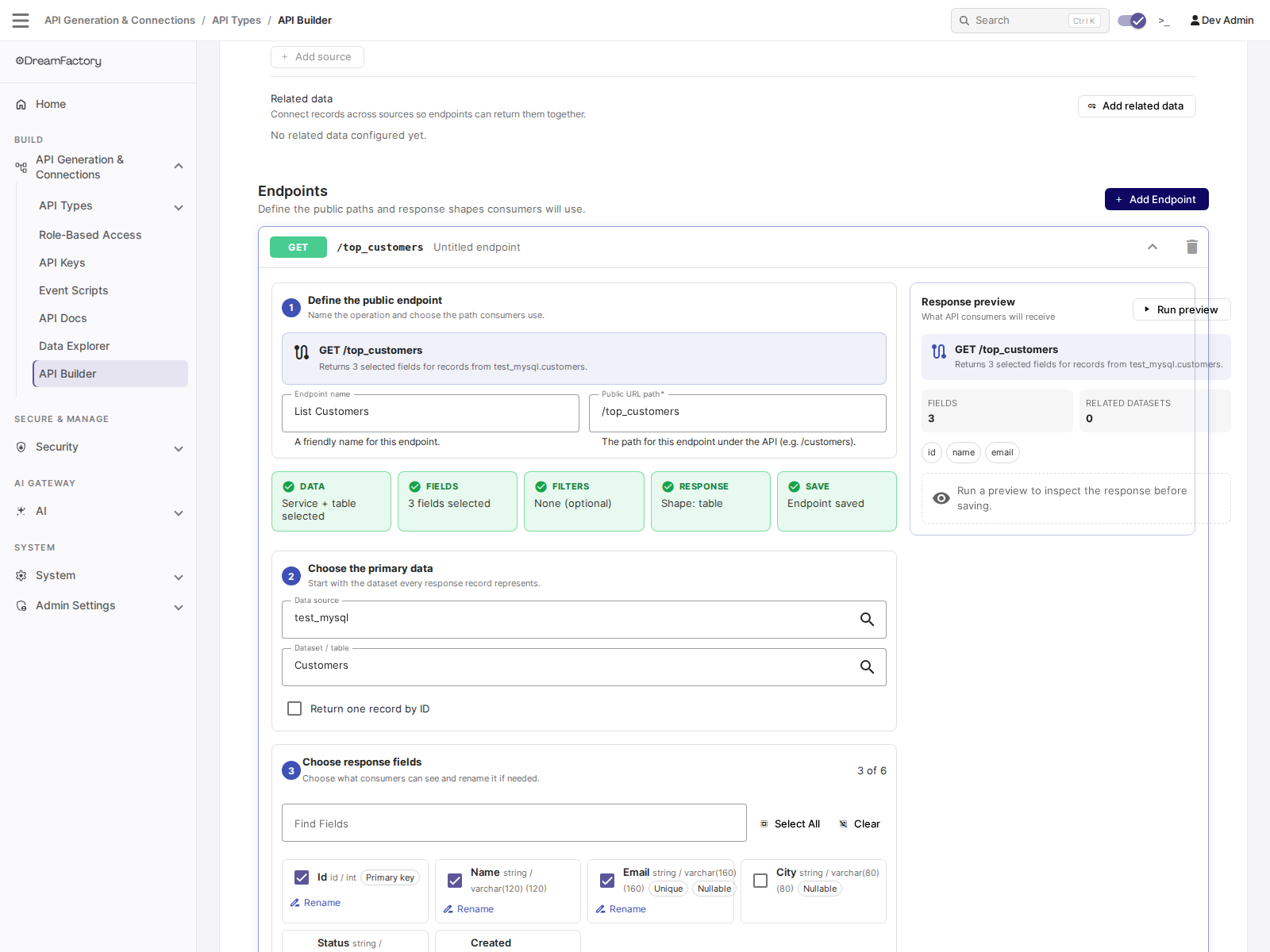 The guided endpoint builder with numbered steps and response preview