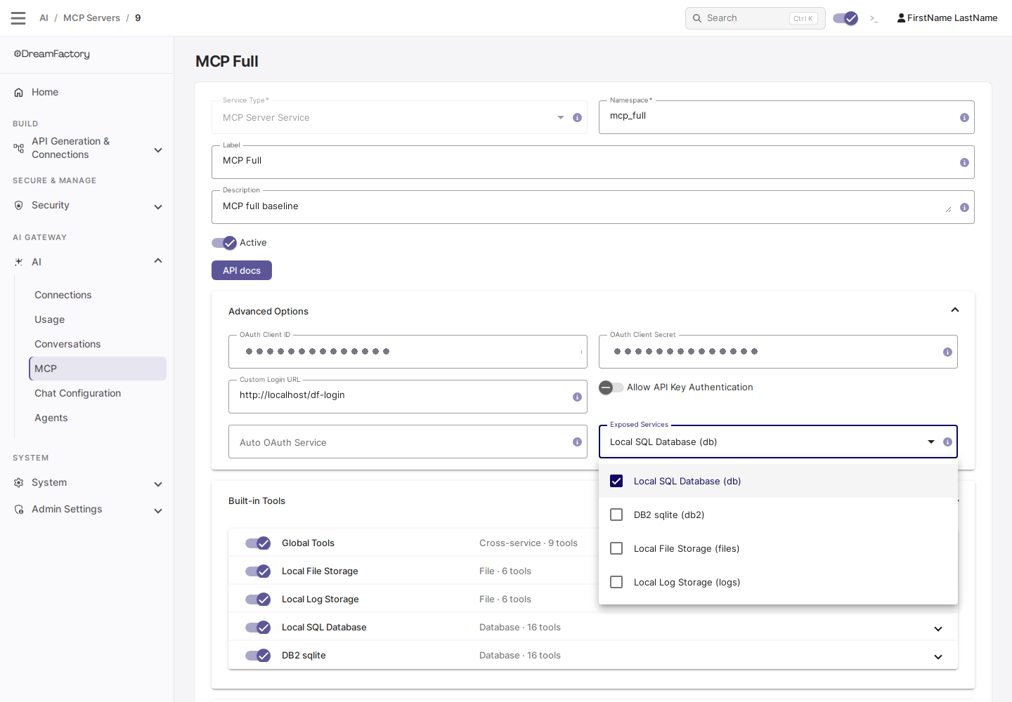 MCP service edit screen with the Exposed Services multi-select open, showing Local SQL Database checked and DB2 sqlite, Local File Storage, and Local Log Storage unchecked, with the Allow API Key Authentication toggle visible above