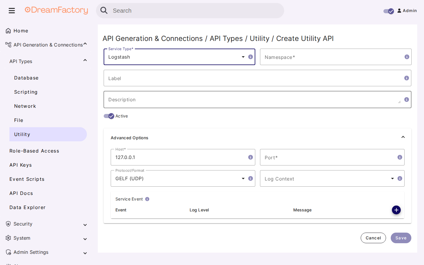 Creating a Logstash service in the DreamFactory admin console