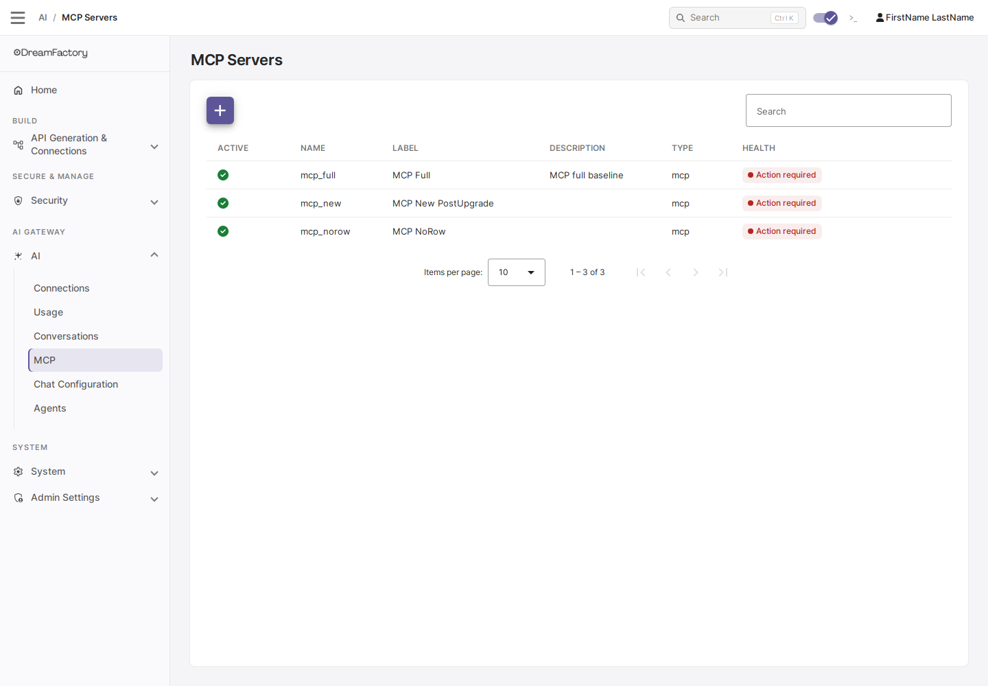 AI MCP Servers list page showing three MCP services with their active status, names, labels, types, and health status columns