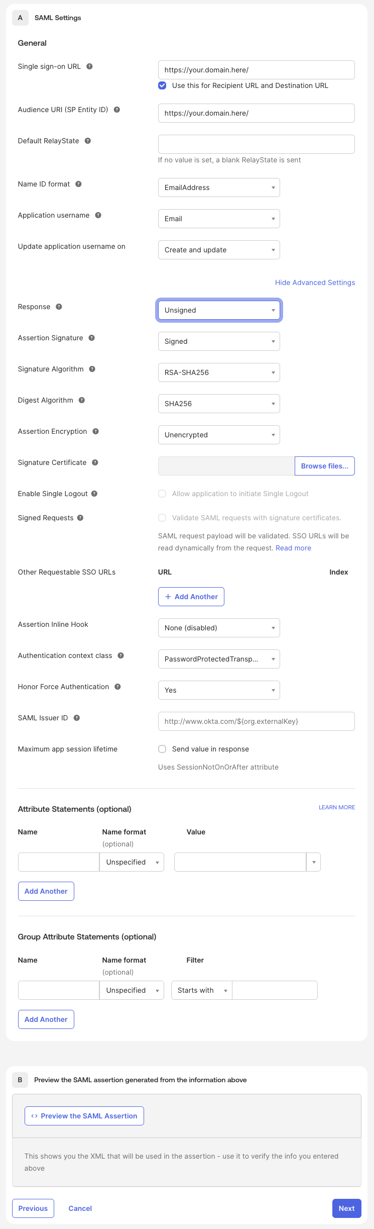 okta SAML configuration screen 