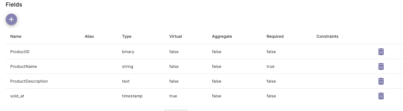 DreamFactory table columns