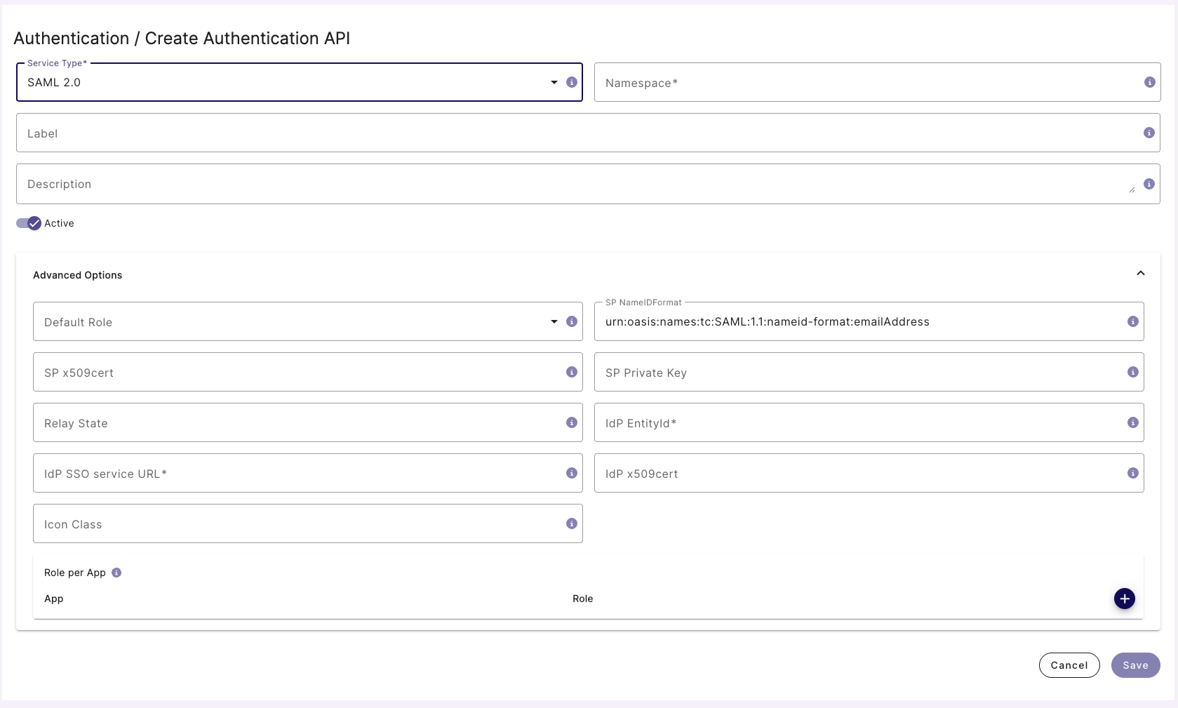 SAML 2.0 setup screen